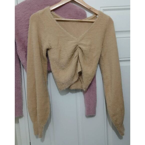 Sunday best womens small pink cropped sweater Hollister tan lot of 2 fuzzy soft - Picture 5 of 10